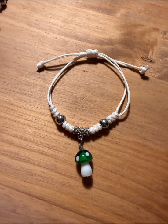 Jewelry - White Cord Bracelet with Green Mushroom Charm - Women Jewelry